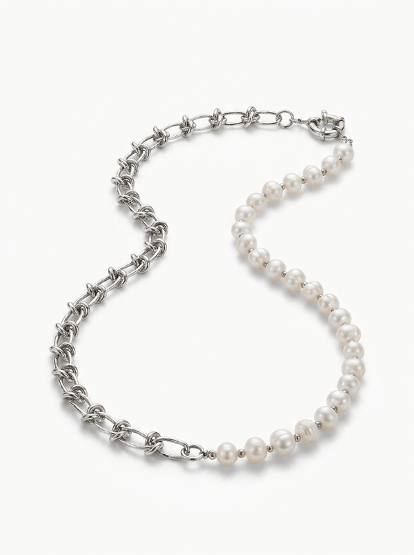 Collar Perlas de Río Anudadas con Cadena Nudo Plata