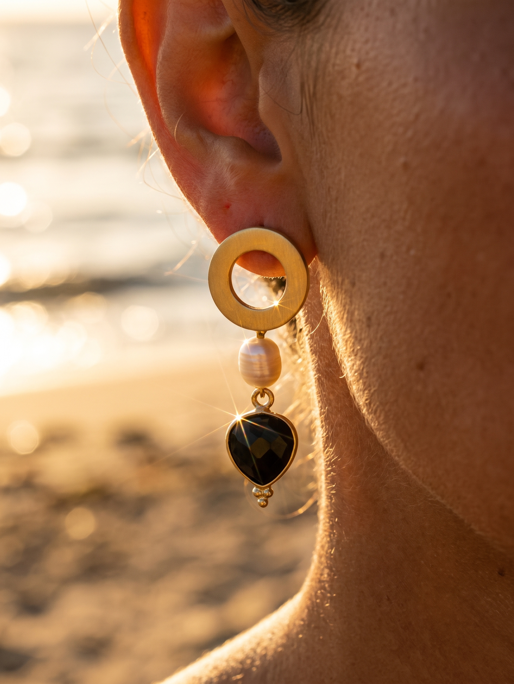 aros con perla y agata tenida - Buono Joyas