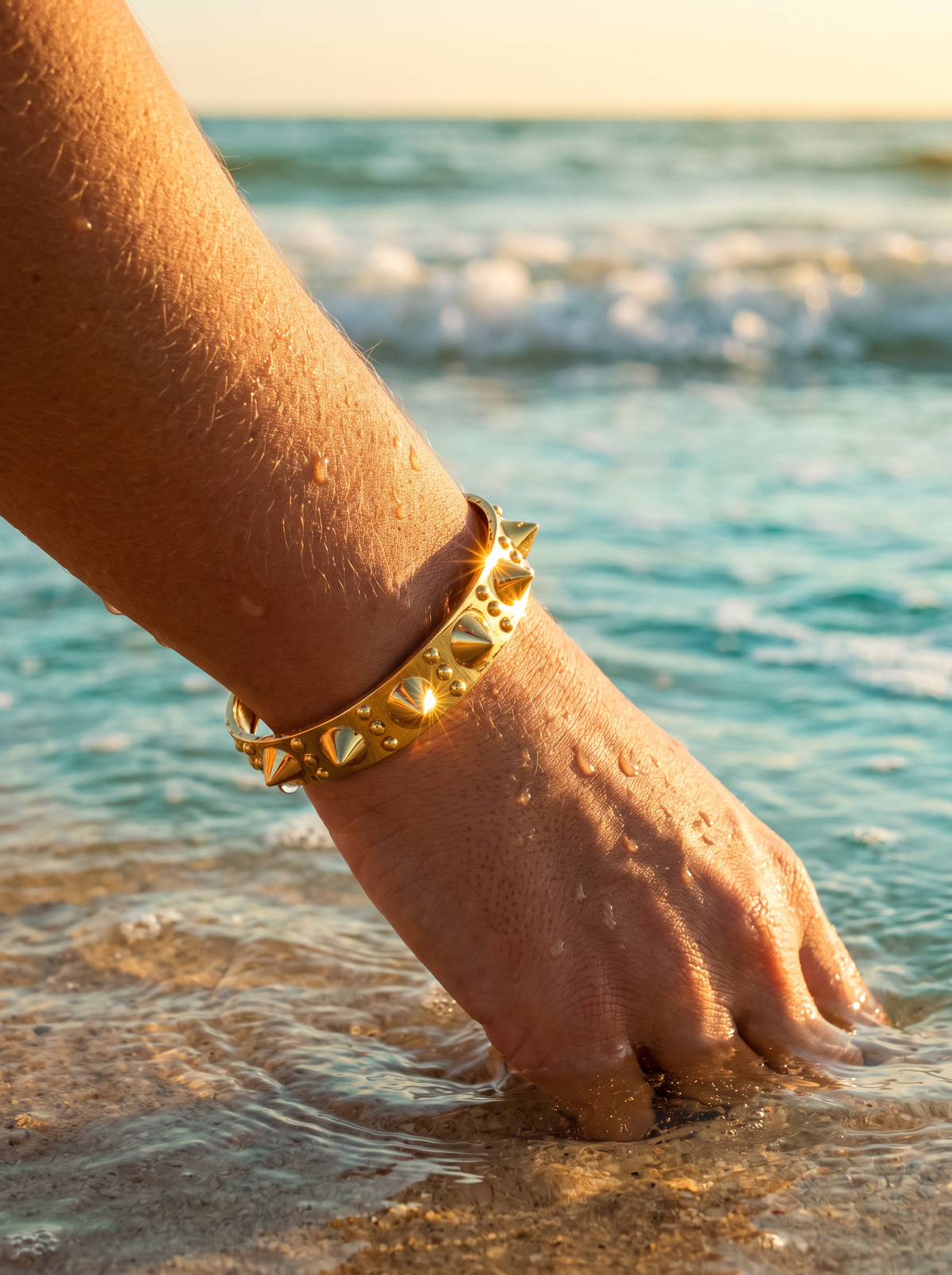 Brazalete Apex dorado con pinchos en la muñeca entrando al agua | Buono Joyas