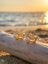 Argollas Elegance sobre madera frente al mar al atardecer | Buono Joyas