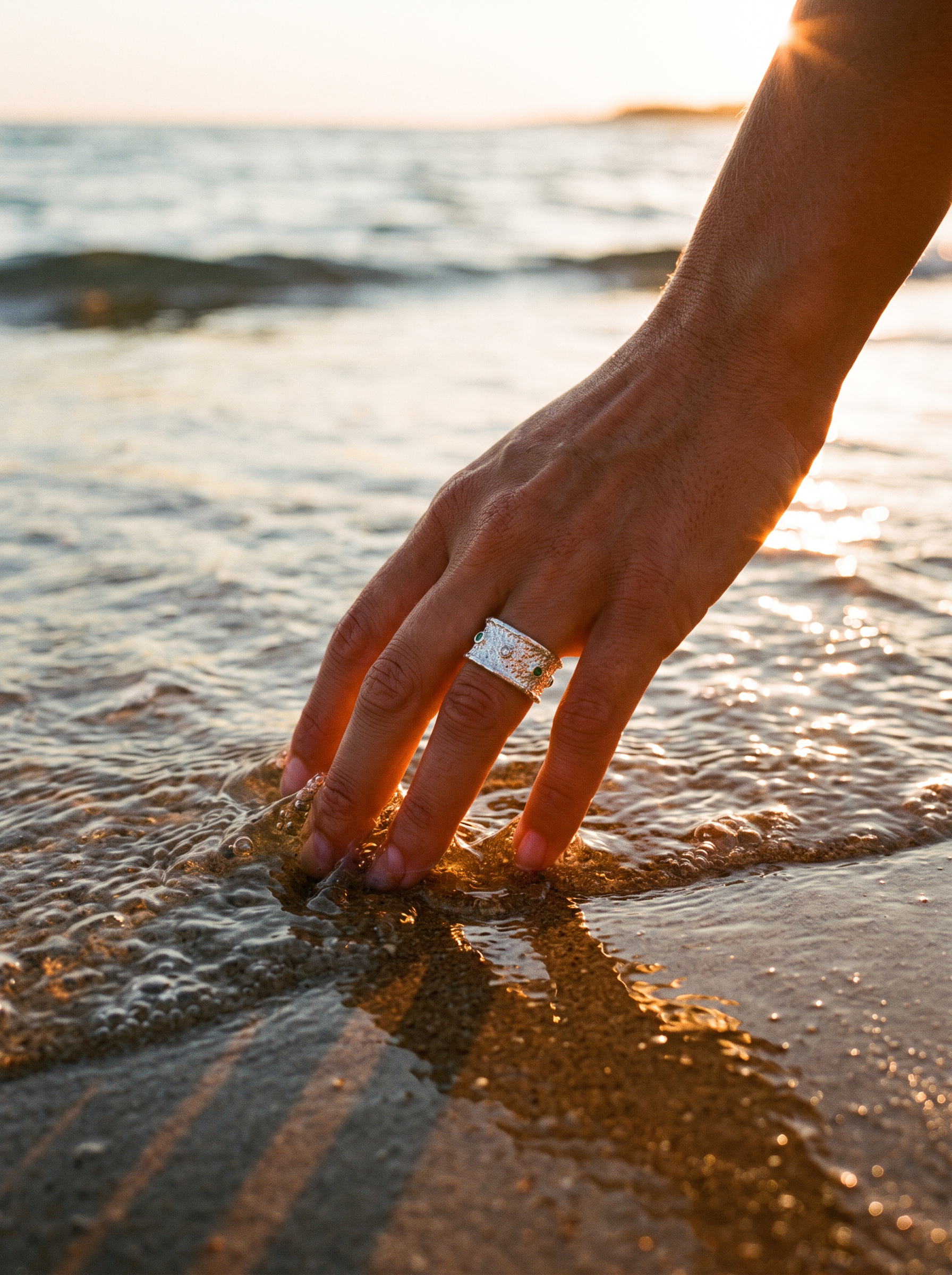 Anillo Polvo de Estrellas en la mano entrando al agua | Buono Joyas
