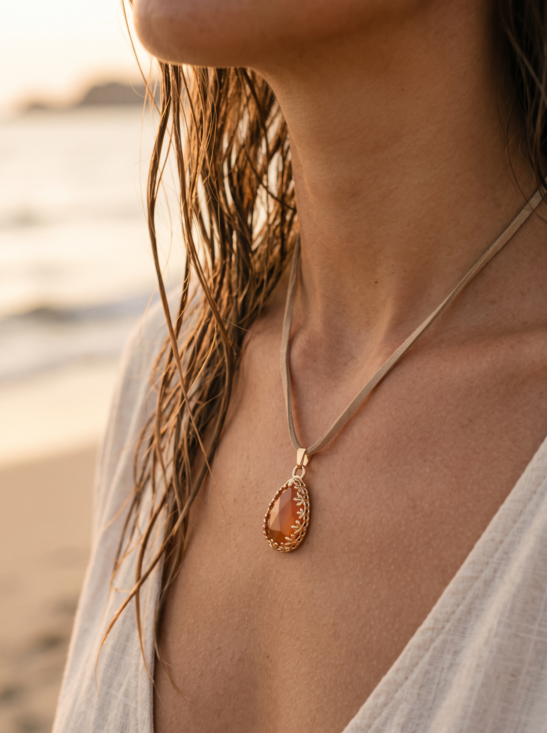 Collar Gamuza Ámbar con cordón beige en el cuello, playa al atardecer | Buono Joyas