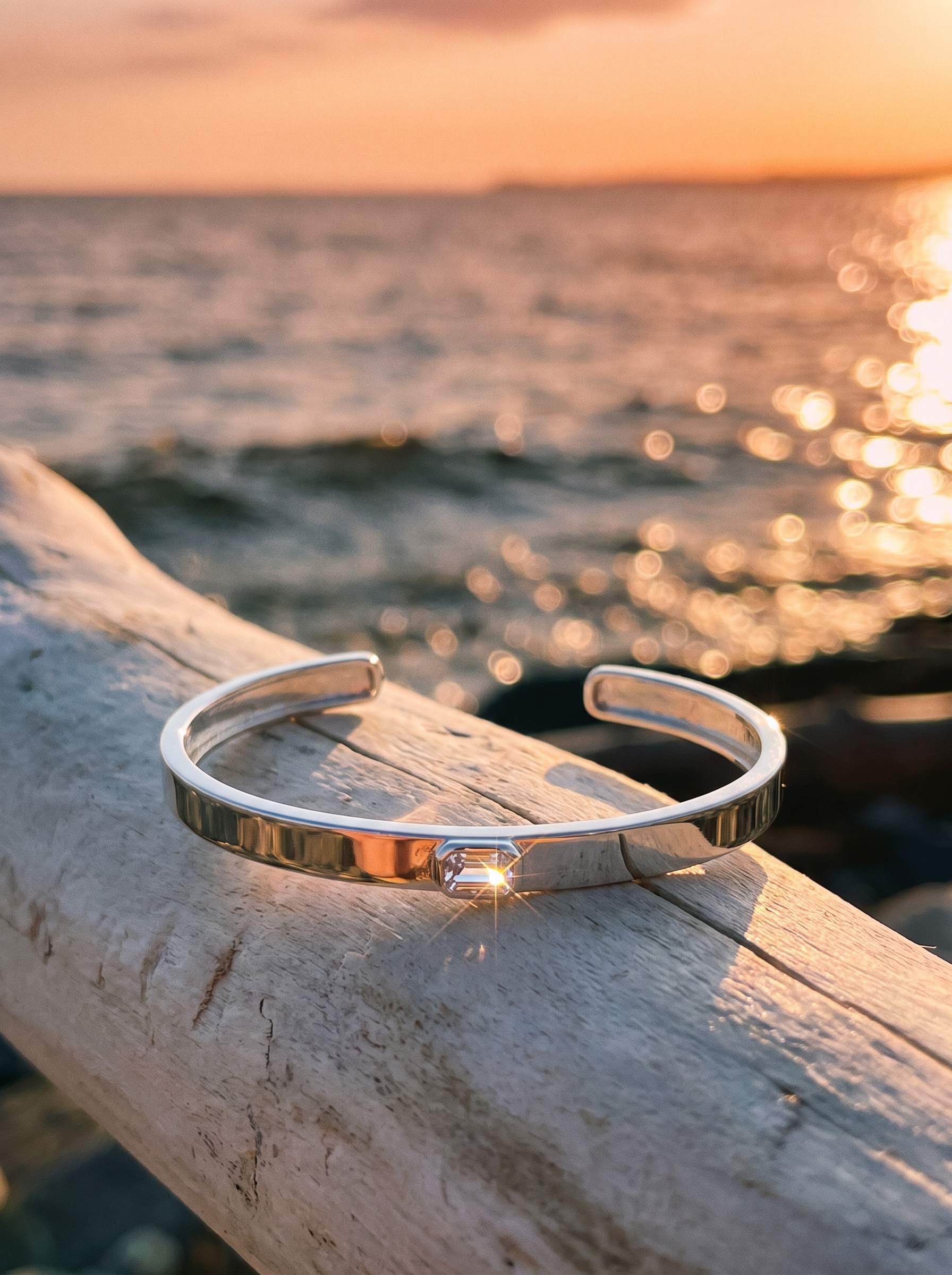 Brazalete Cuff Plata sobre madera frente al mar al atardecer | Buono Joyas