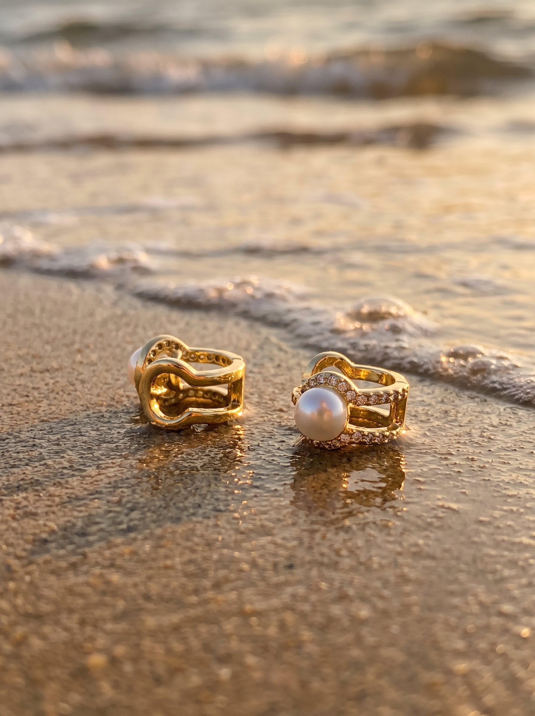 Argollas Elegance sobre la arena mojada con espuma de mar | Buono Joyas