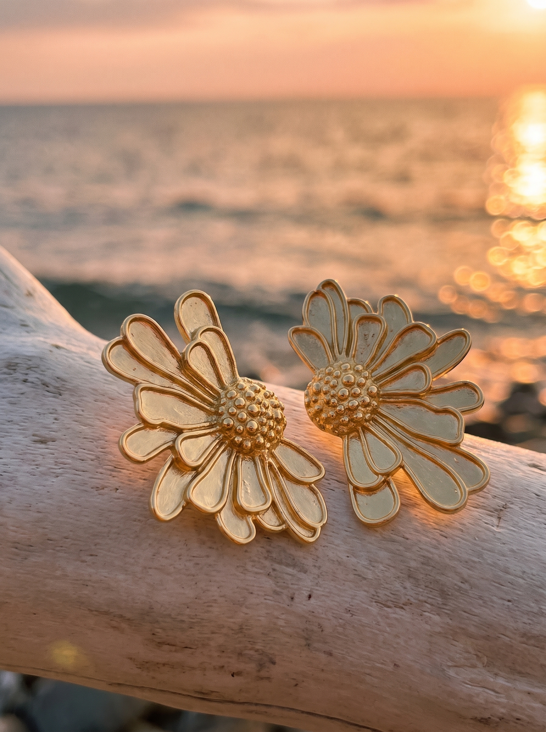 Aros Statement Flor sobre madera frente al mar al atardecer | Buono Joyas