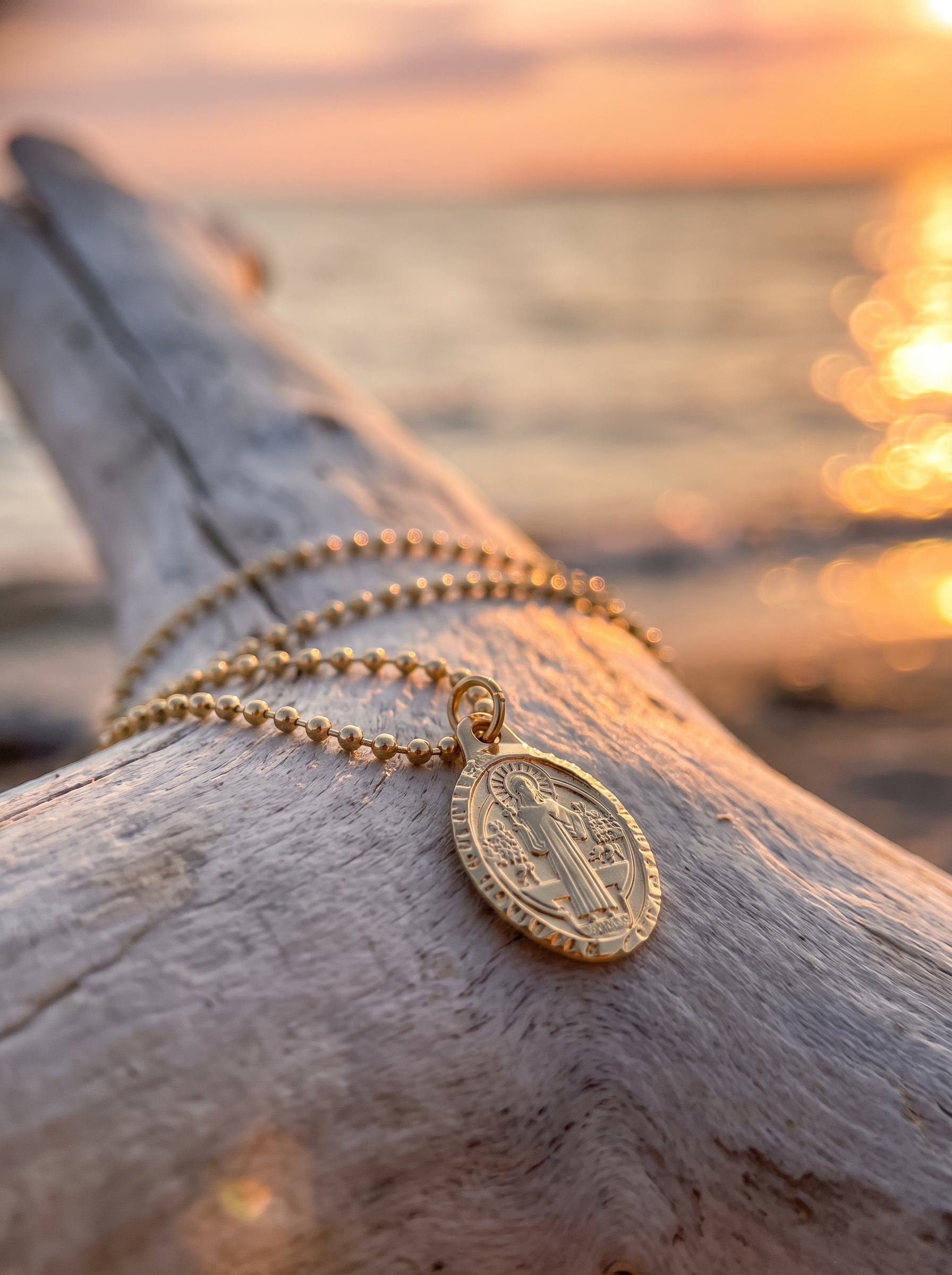 Cadena con San Benito sobre madera frente al mar al atardecer | Buono Joyas