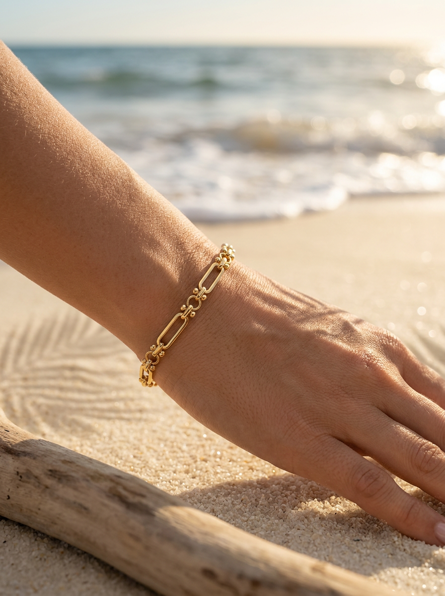 Pulsera Enchapada Oro 18K Paperclip con Bolitas