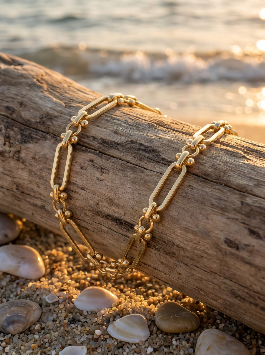 Pulsera Enchapada Oro 18K Paperclip con Bolitas