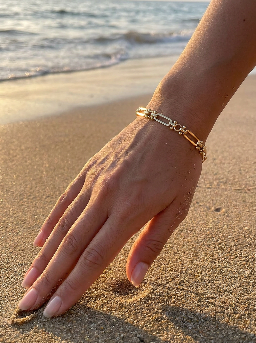 Pulsera Enchapada Oro 18K Paperclip con Bolitas
