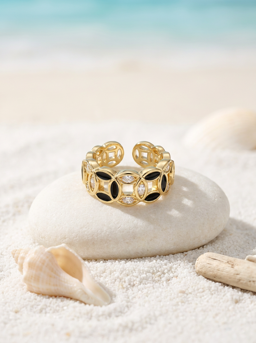 Anillo Enchapado Oro 18K Geométrico Negro
