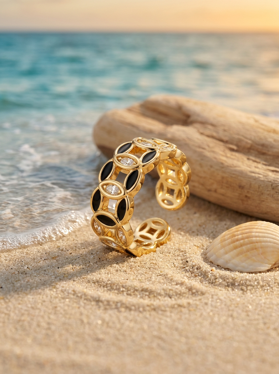Anillo Enchapado Oro 18K Geométrico Negro