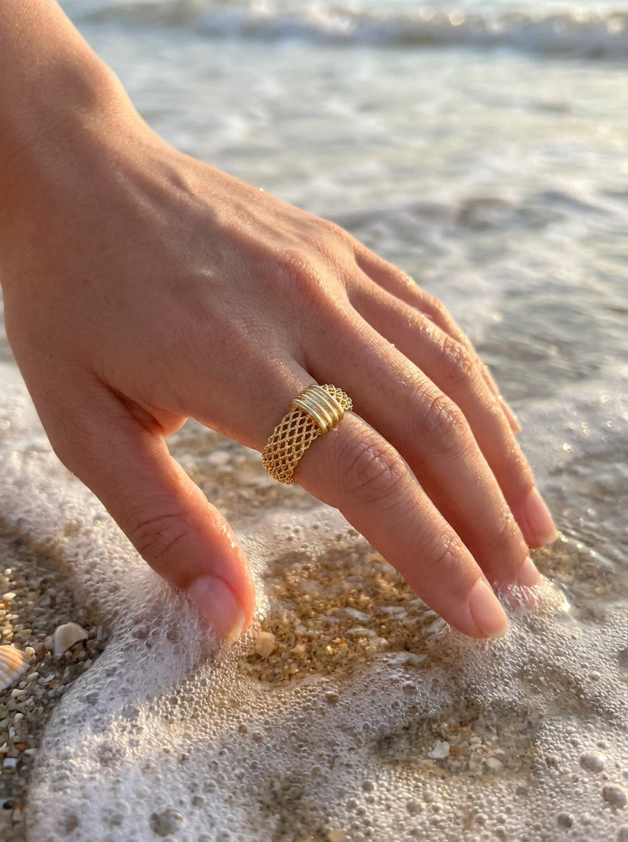 Anillo Enchapado Oro 18K Malla Tejida