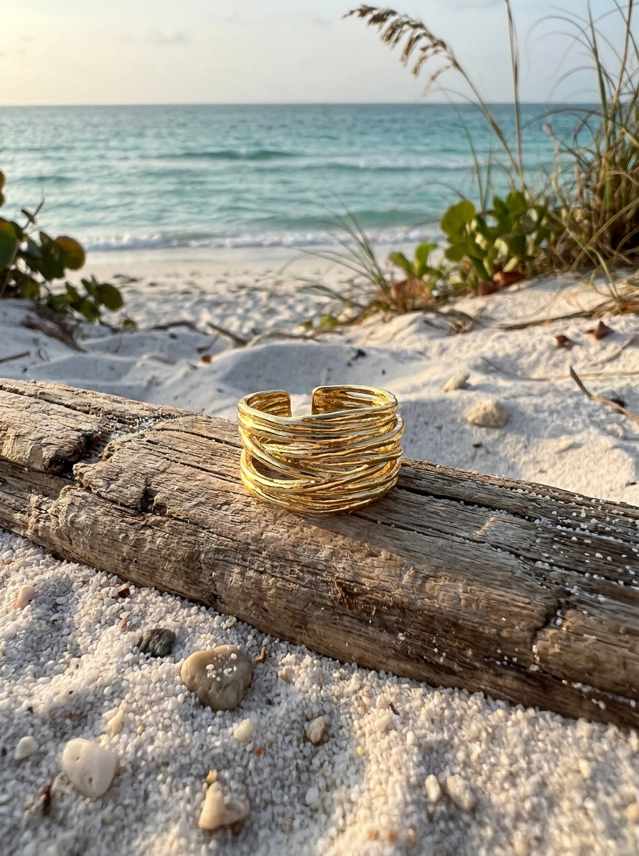 Anillo Enchapado Oro 18K Ondas Envolvente