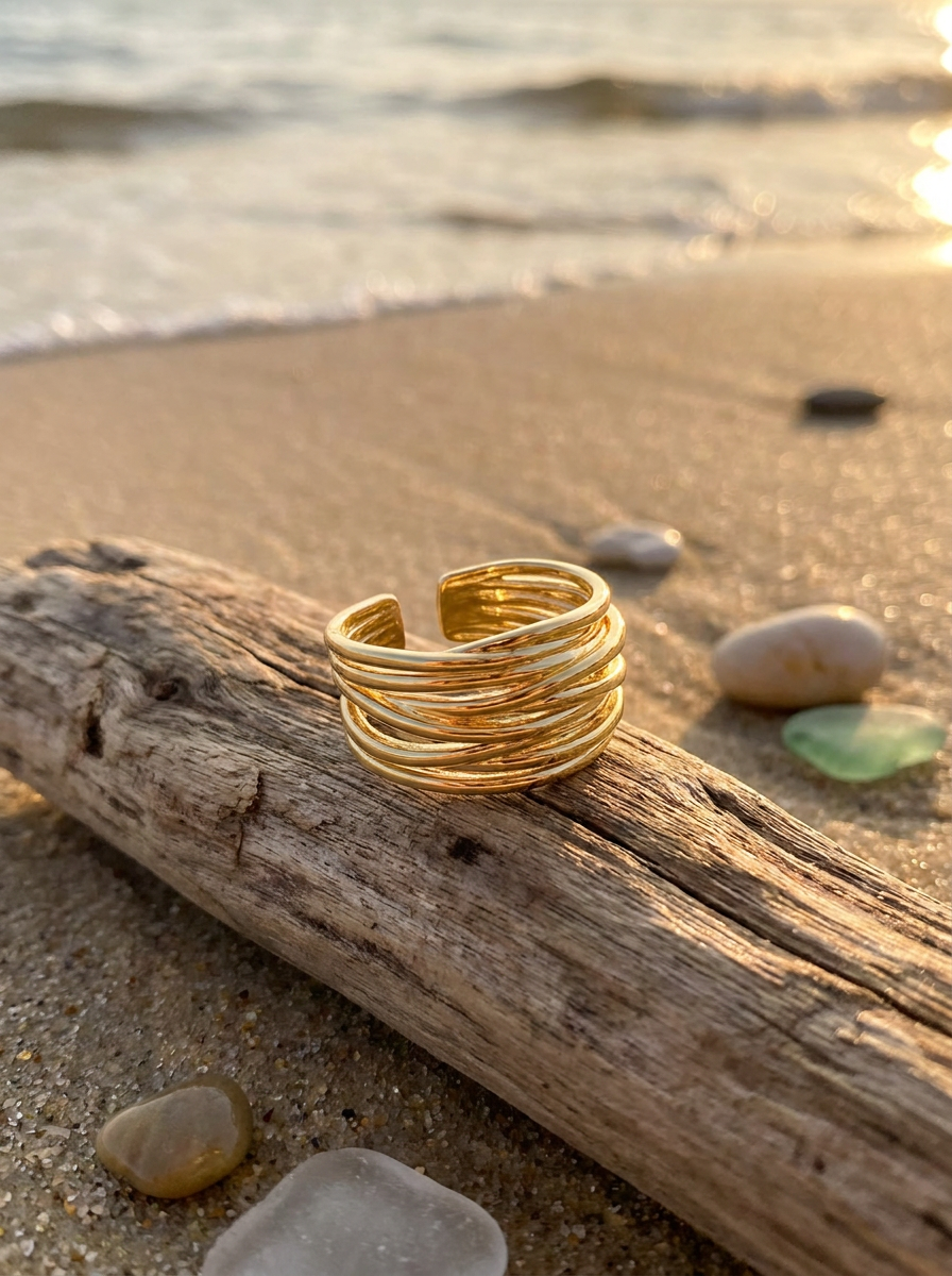 Anillo Enchapado Oro 18K Ondas Envolvente