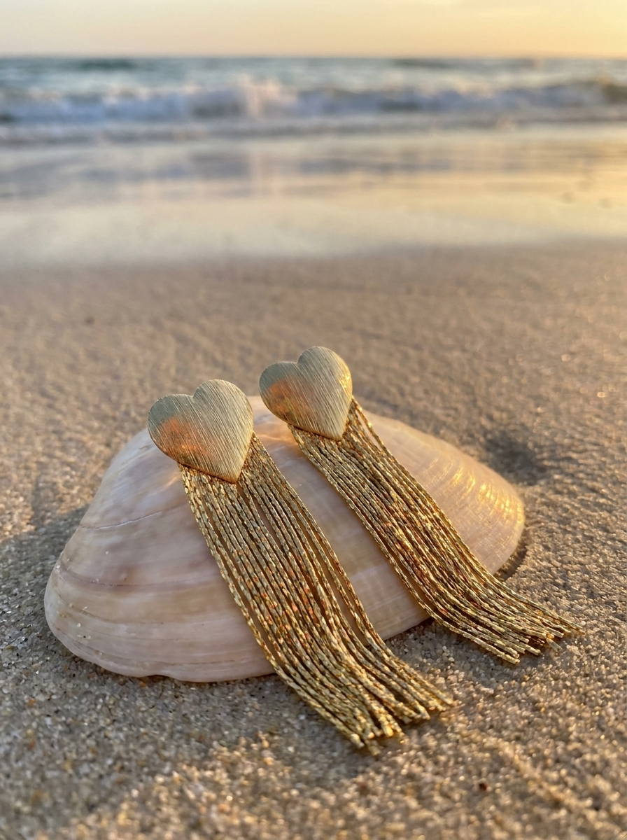 Aros Corazón Fleco Dorado