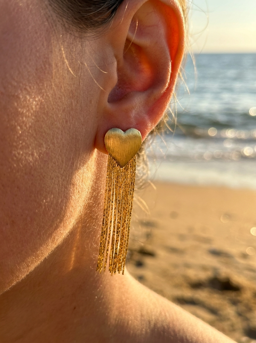 Aros Corazón Fleco Dorado