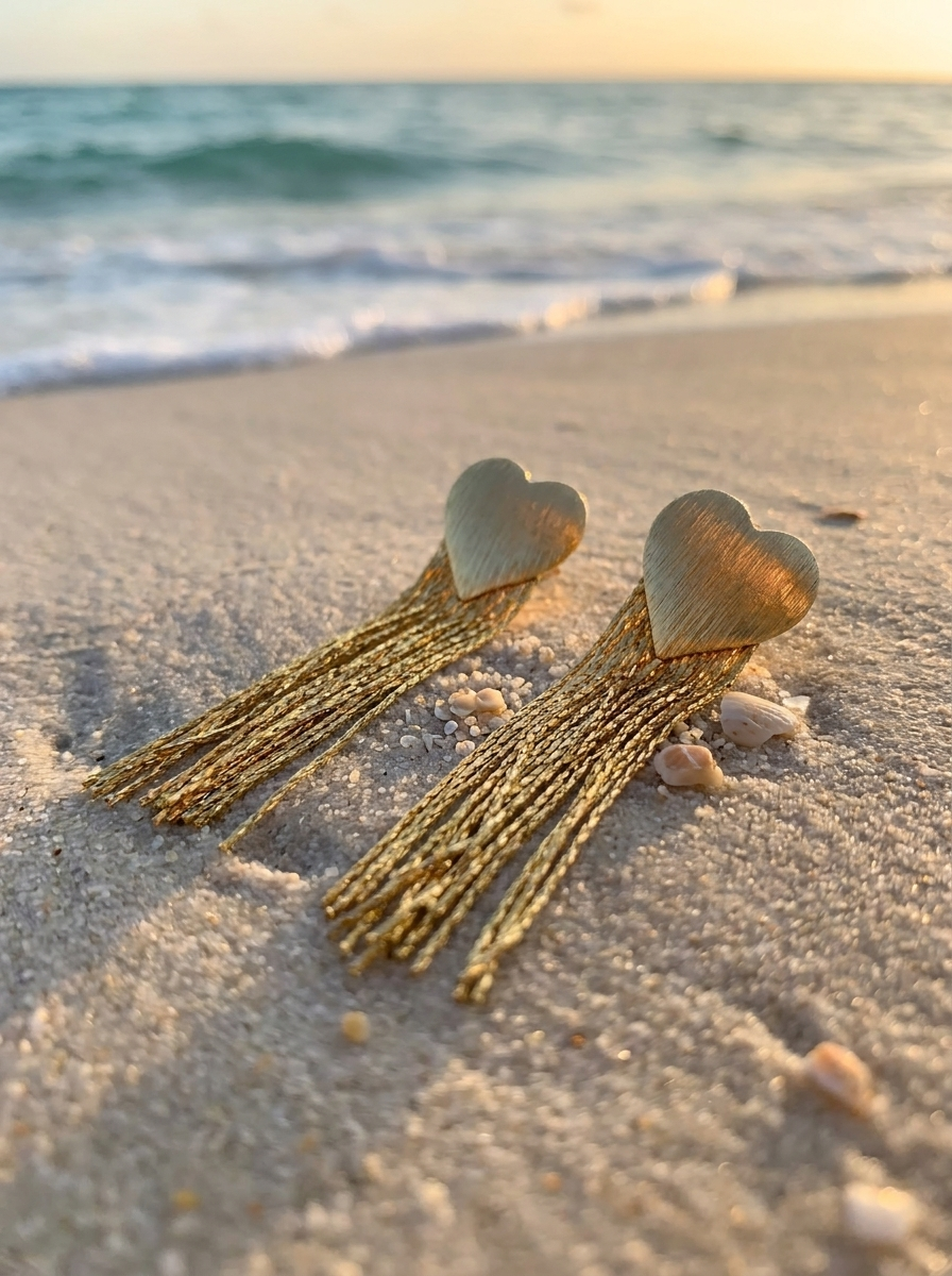 Aros Corazón Fleco Dorado