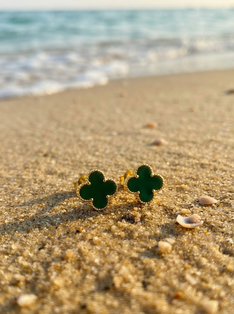 Aros Trébol Verde Dorado