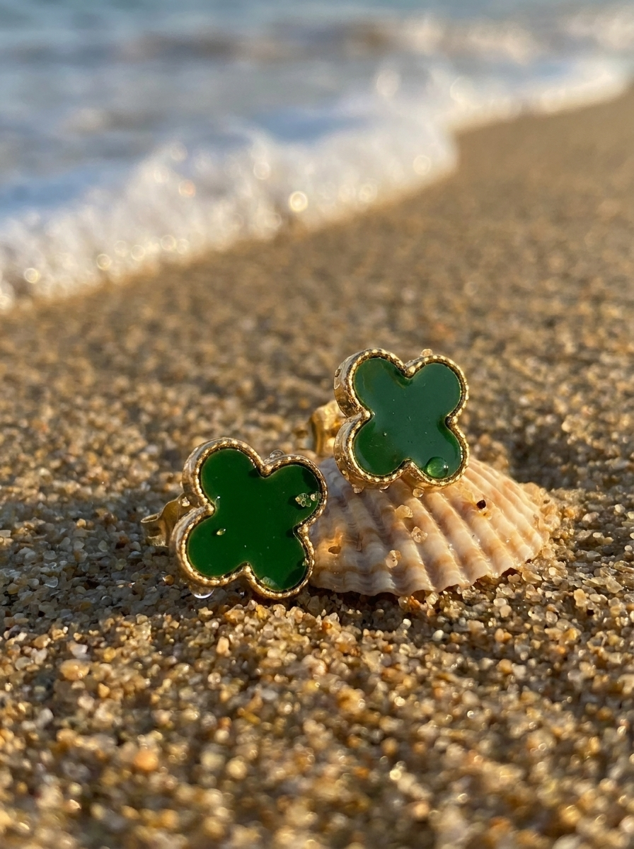 Aros Trébol Verde Dorado