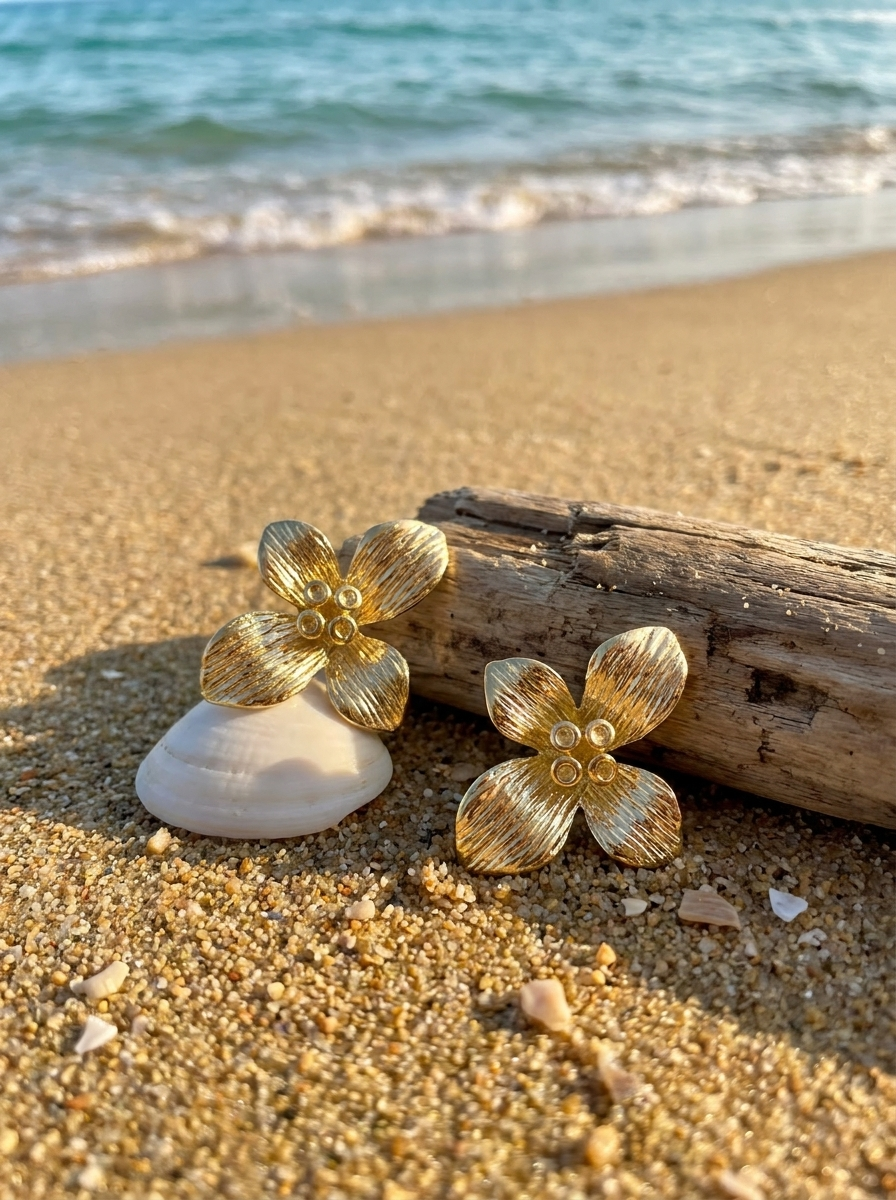 Aretes Flor Plumeria Dorada