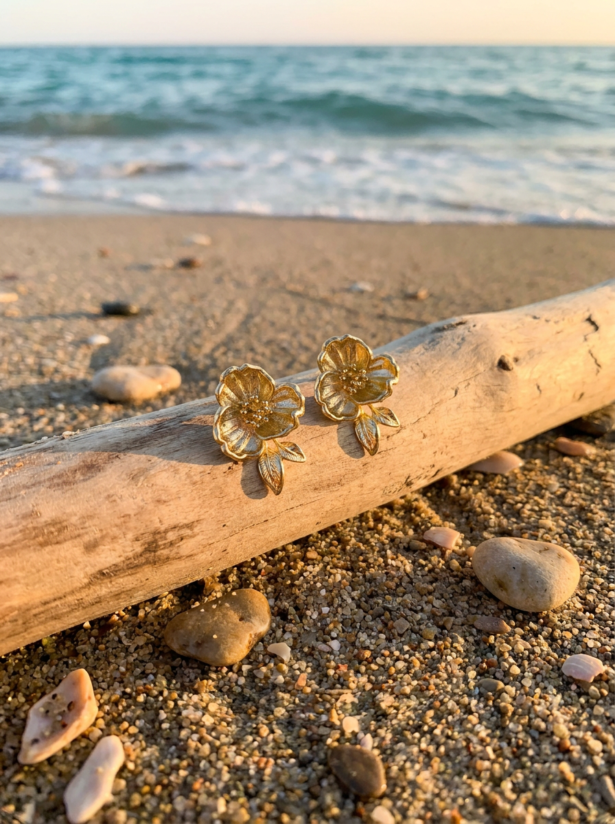 Aretes Flor con Hoja Dorada