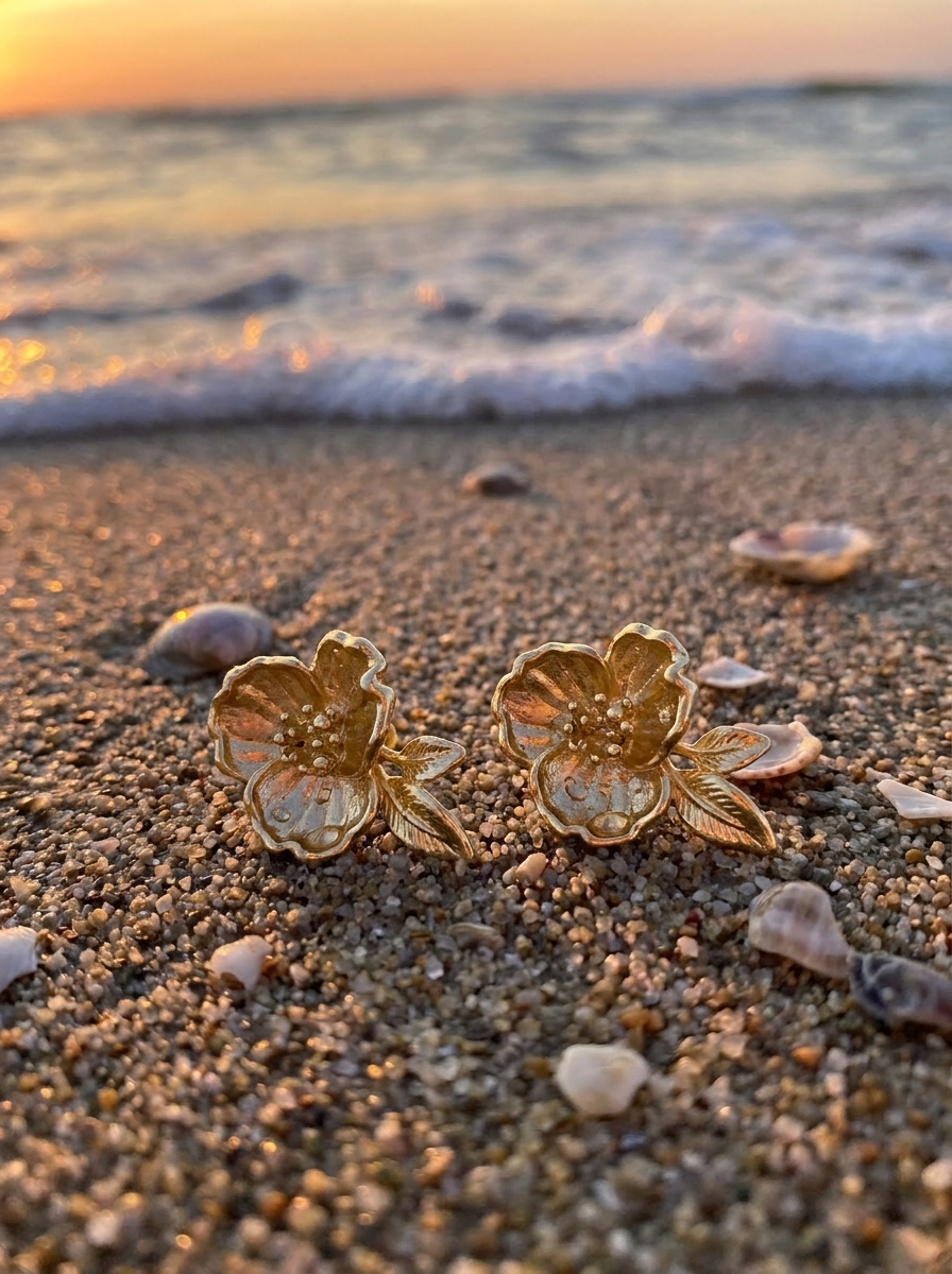 Aretes Flor con Hoja Dorada