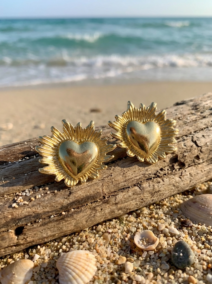 Aretes Sol Corazón Dorado