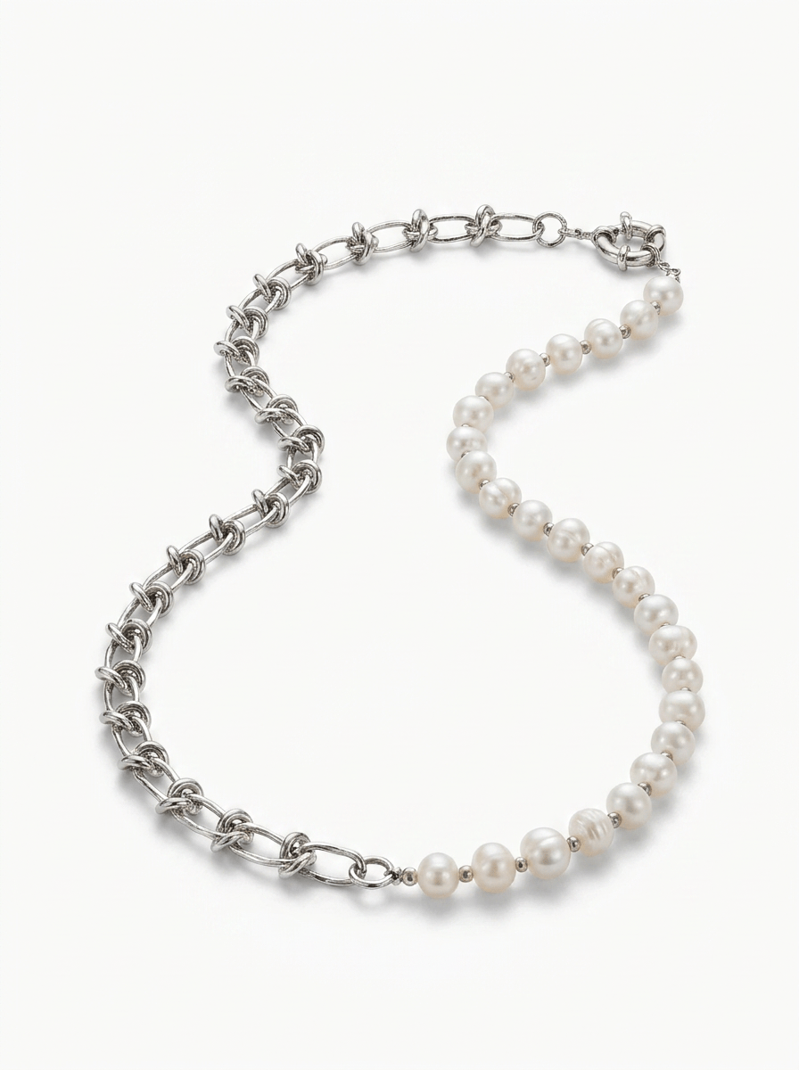 Collar Perlas de Río Anudadas con Cadena Nudo Plata
