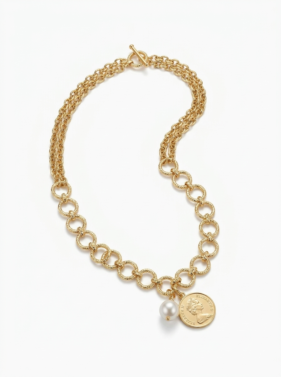 Collar Moneda y Perla Dorada