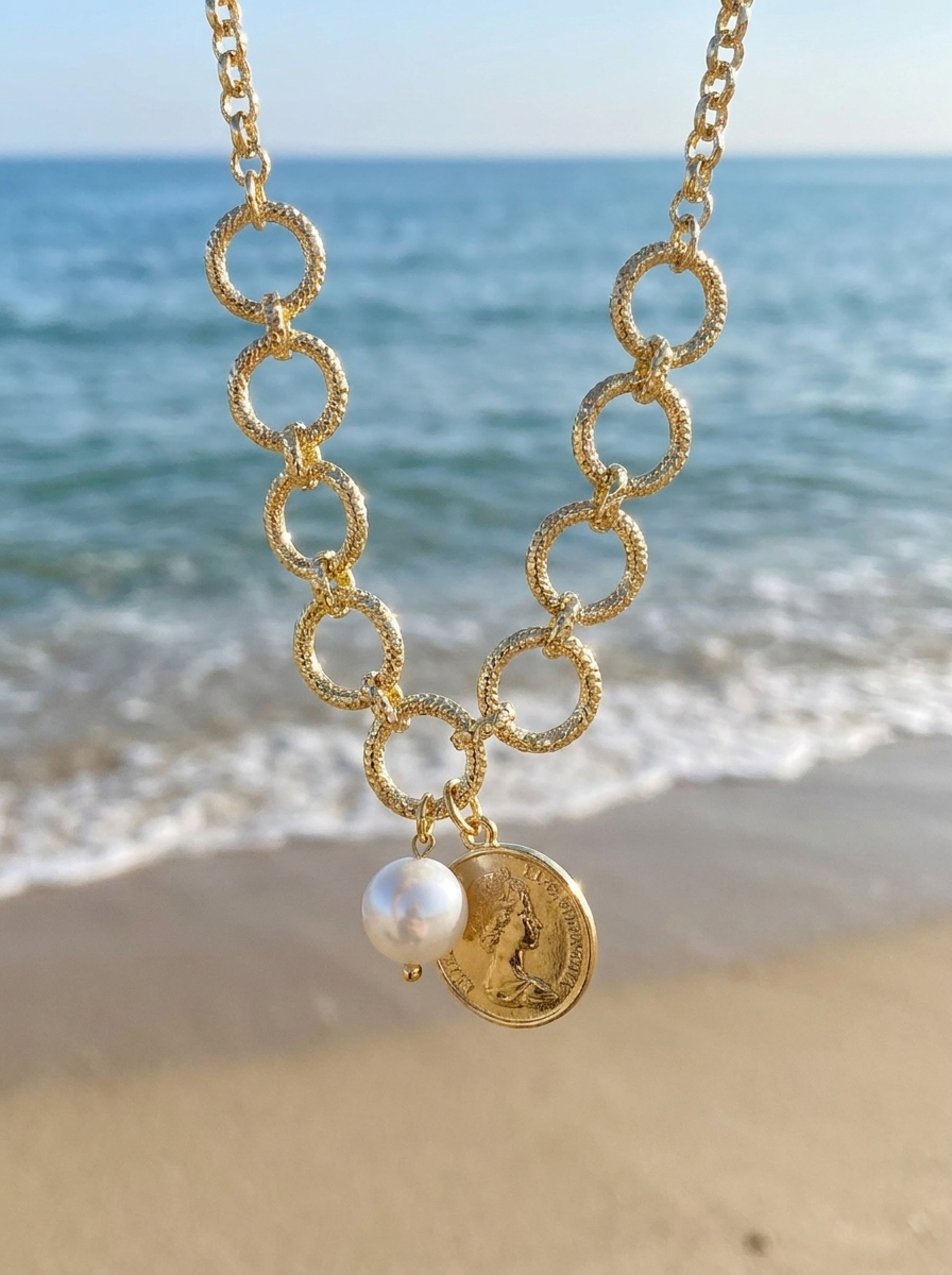 Collar Moneda y Perla Dorada